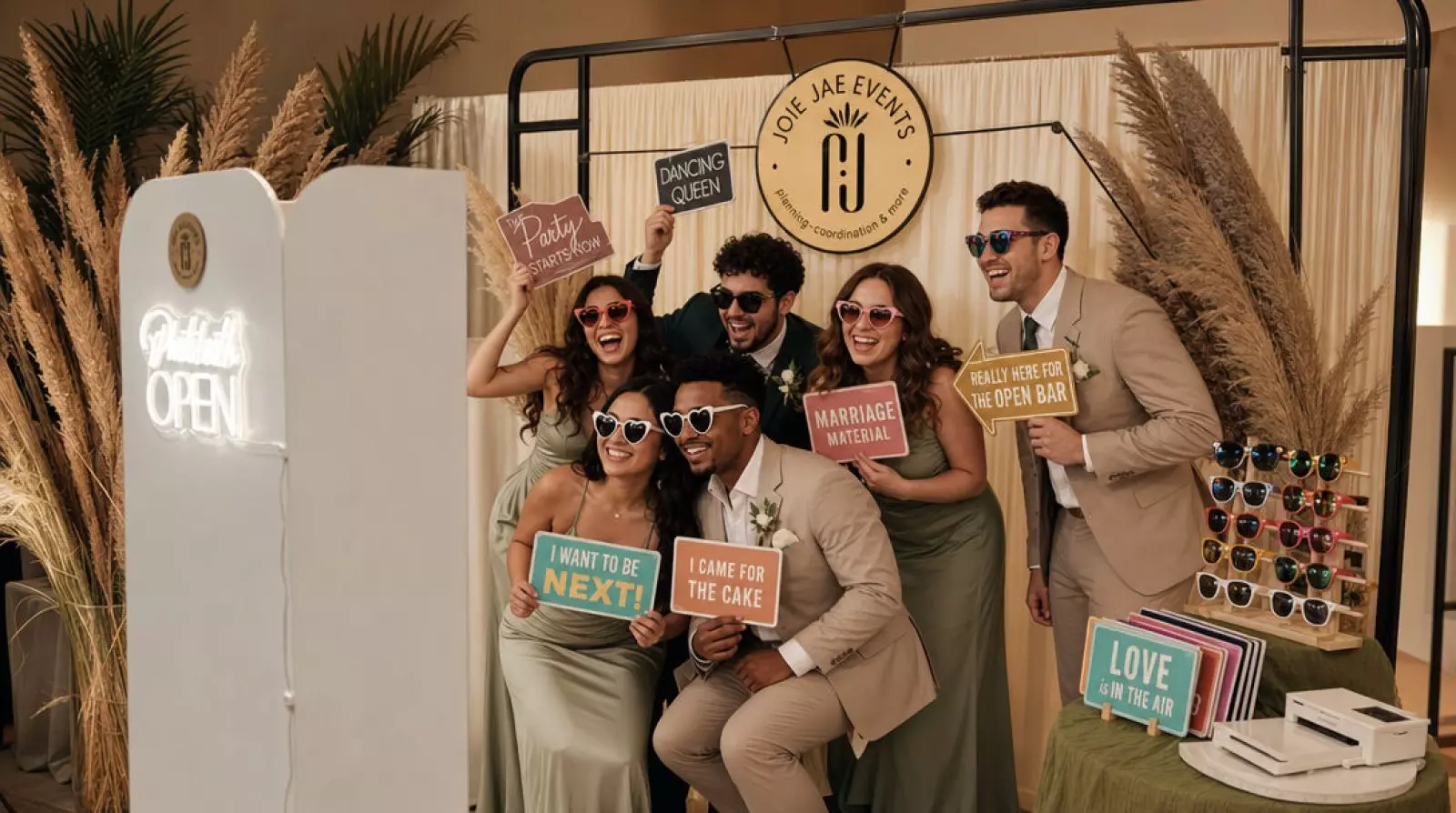 Group of six people posing together inside a Joie Jae photo booth with pampas grass decorations, holding colorful prop signs and wearing sunglasses