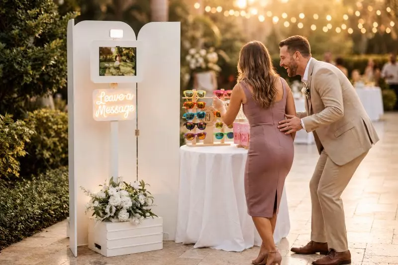 A white photo booth with neon "Leave a Message" sign stands in an outdoor garden setting with two guests laughing nearby, surrounded by string lights, flowers,