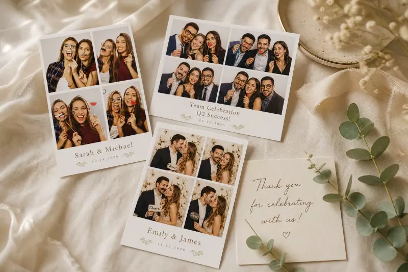Photo booth strips and thank you cards with multiple photos of guests arranged on cream fabric with eucalyptus sprigs